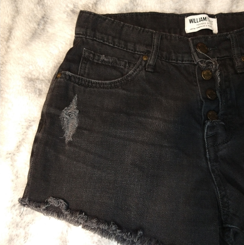 William Rast Black High Rise Distressed Button Fly Shorts - Picture 6 of 8
